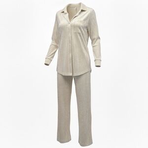 Soma Velvety Rib Pajama Lounge Set M Beige Soft Knit Notch Collar Top Pants